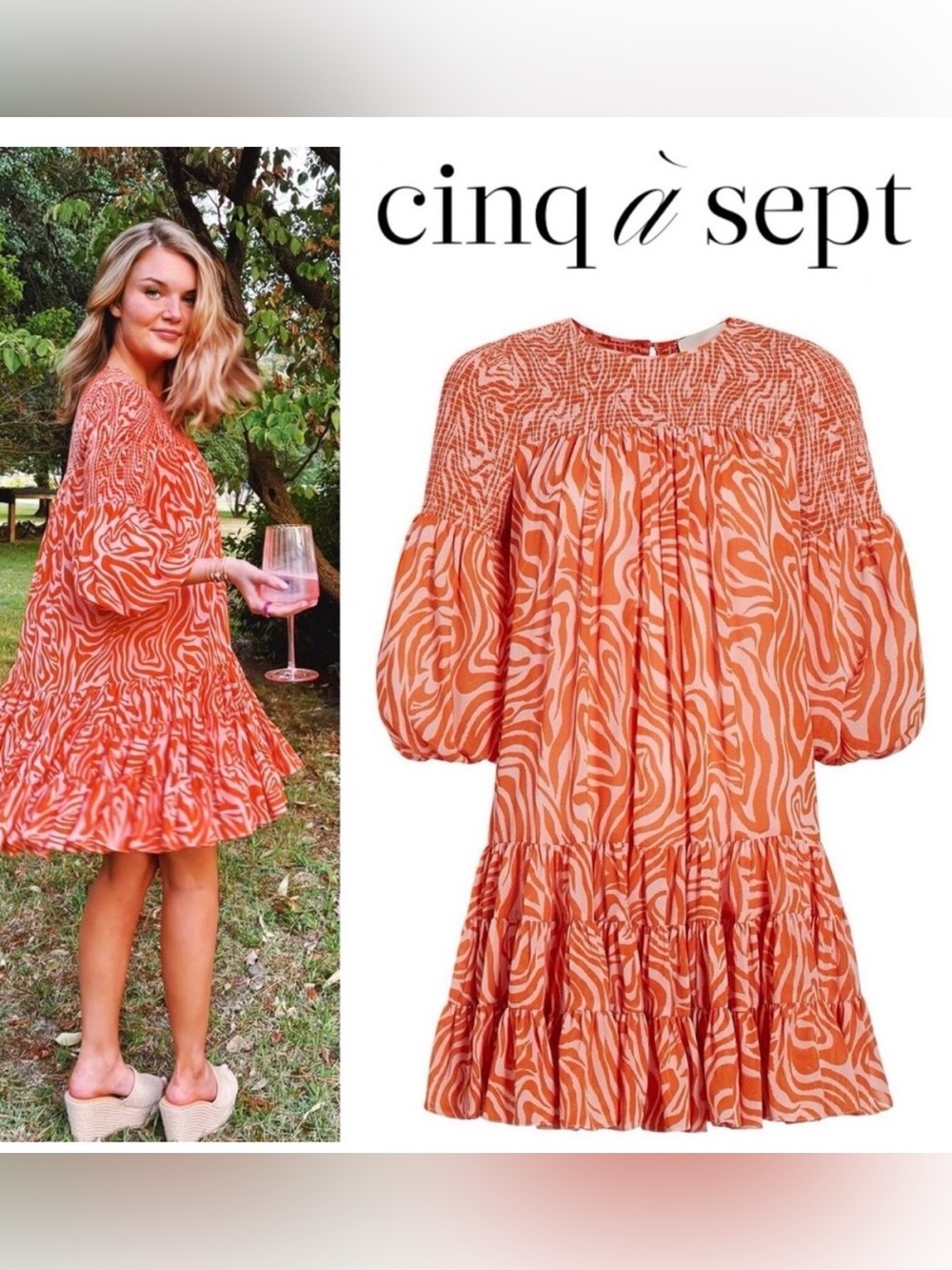 Cinq a Sept Rika Billowed Sleeve Mini Swing Dress 6 Orange w/ Swirl Pattern Boho